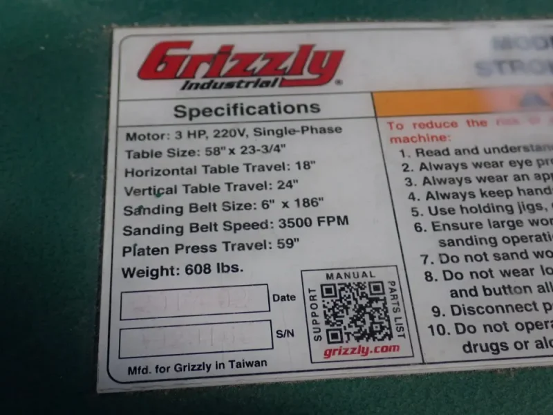 GRIZZLY INDUSTRIAL 6" X 86" BELT STROKE SANDER  -  G5394