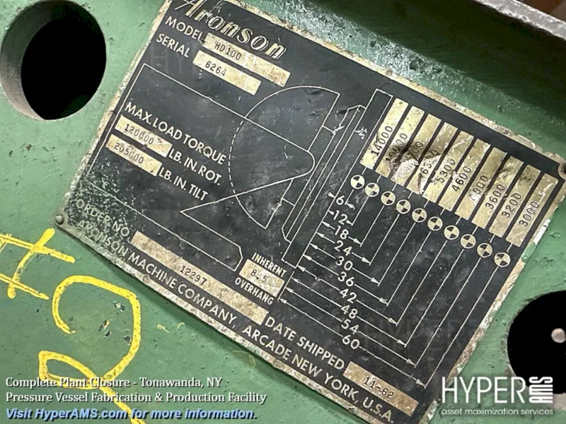 10,000 LBS X 60" ARONSON HD100 HEAVY DUTY WELDING POSITIONER: YOBRO #25141