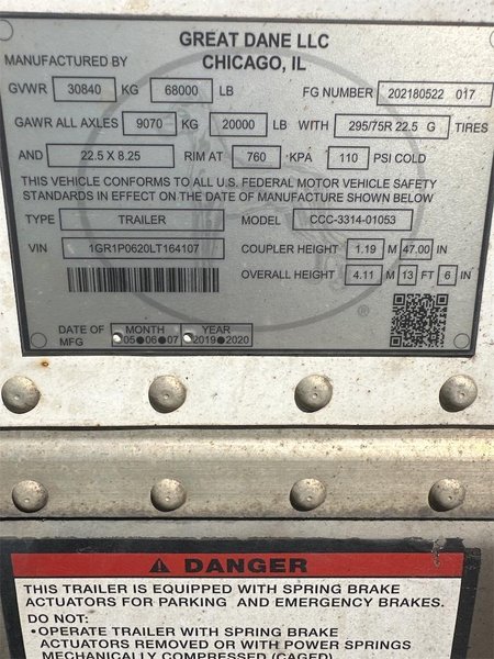 2020 Great Dane 53 x 102 1GR1P0620LT164107
