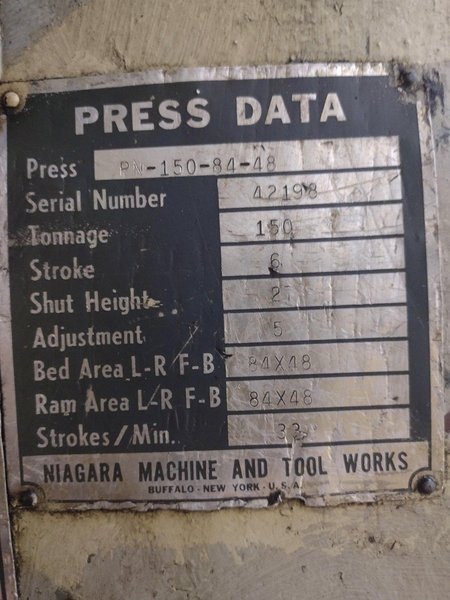 150 TON NIAGARA MODEL PN-150-84-48 SS SSDC STAMPING PRESS, 6" STROKE: STOCK #17008
