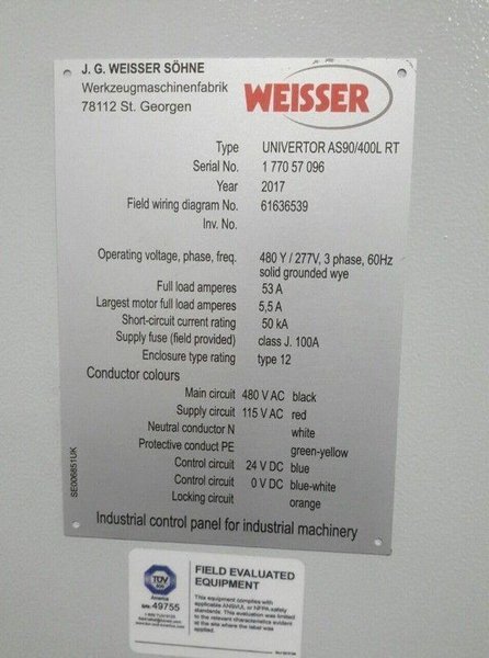 2017 WEISSER UNIVERTOR AS90/400L RT CNC LATHE