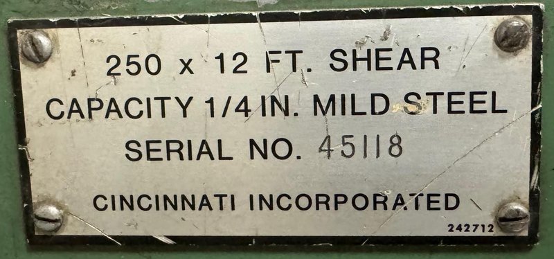 12' x 1/4" Cincinnati Hydraulic Shear No. 250, 36" FOPBG, Clean