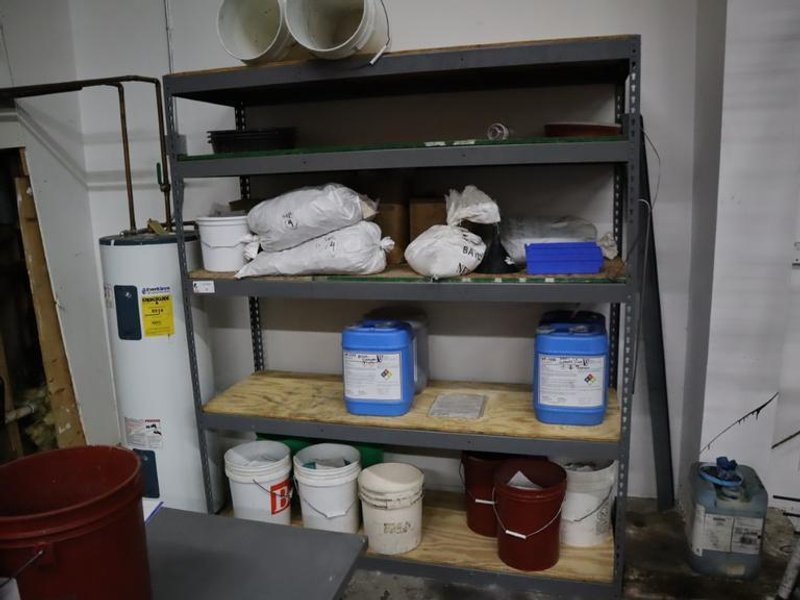 Adjustable Shelving with COntents of Deburring Media and Cleaner- Auction Item
