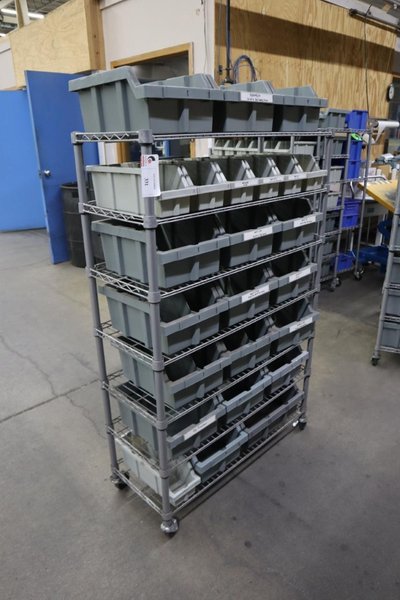 Rolling Wire Rack, (7) Shelves with Plastic Bins 36"x14"x55"- Auction Item