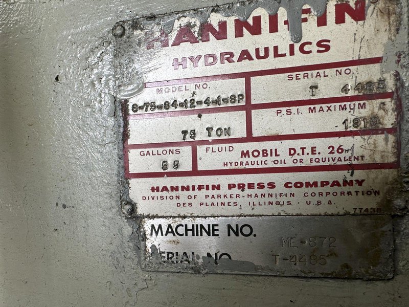 75 TON HANNIFIN HDYRAULIC STRAIGHTENING PRESS: STOCK #77127