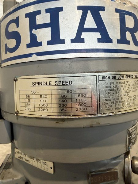 2 HP SHARP VERTICAL MILLING MACHINE W/ KURT VISE. STOCK # 0557025.