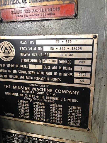 250 TON MINSTER HEVI STAMPER STRAIGHT SIDE DOUBLE CRANK PRESS: STOCK#73437