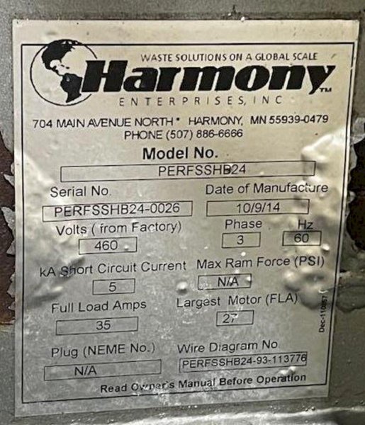 30" X 30" HARMONY ENTERPRISES EXTRACT PLUS HORIZONTAL BALER &amp; PERFERATOR, FOR CAN &amp; BOTTLES LIQUID EXTRACTION: YOBRO #25023