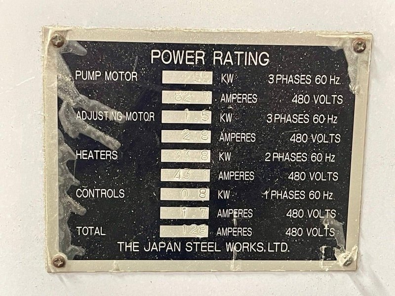 500 Ton 53.3 Oz Shot JSW 500EII Injection Molding Machine, 1996 – Core Pull and Air Blast