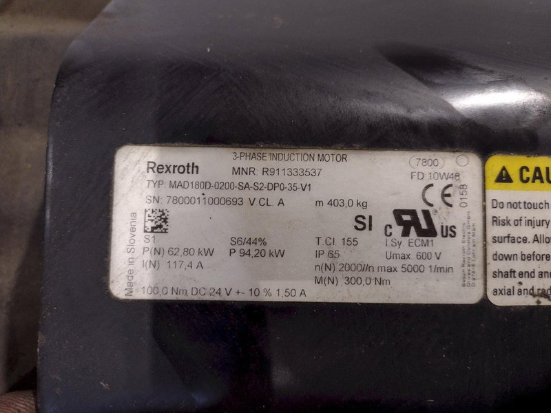 85 HP (62.8 kW) REXROTH 3 PHASE 600v INDUCTION MOTOR,  TYPE: MAD180D-0200-SA-S2-DP0-35-V1: YOBRO #25729