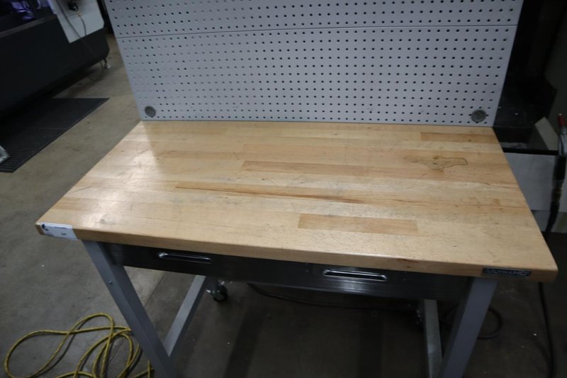 Portable Work Bench with Maple Top, Upper Shelf, Drawer, Work light- Auction Item