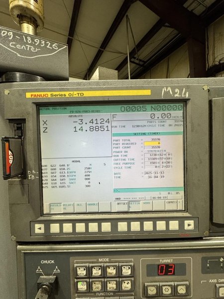 Samsung SL40/1500 CNC lathe, 2012 – RIP Steady Rest, 4.6″ Spindle Bore, Fanuc 0i-TD Control