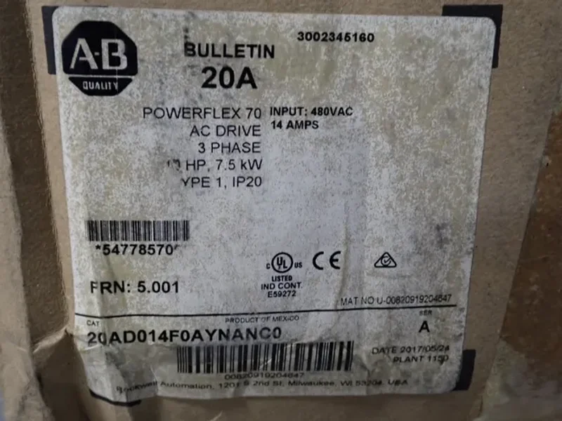 ALLEN BRADLEY 10 HP SERIES A POWERFLEX70  -  20AD014A0AYNANC0