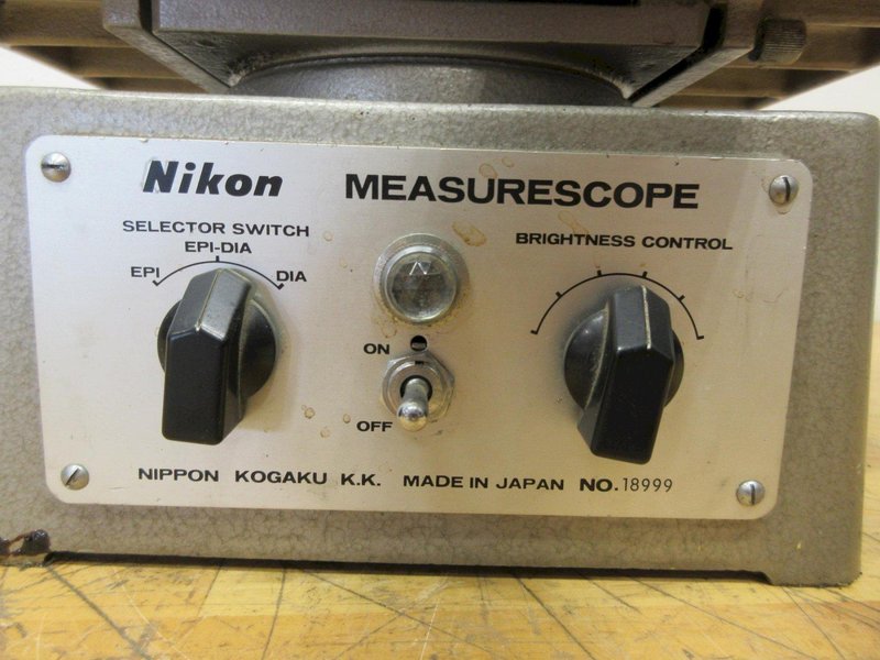 Nikon Measurescope Microscope with 15x Objective Lens, Stage Light, (1) Mitutoyo 164-162 Digital Micrometers 0-2" Range .00005" Resolution- Auction Item