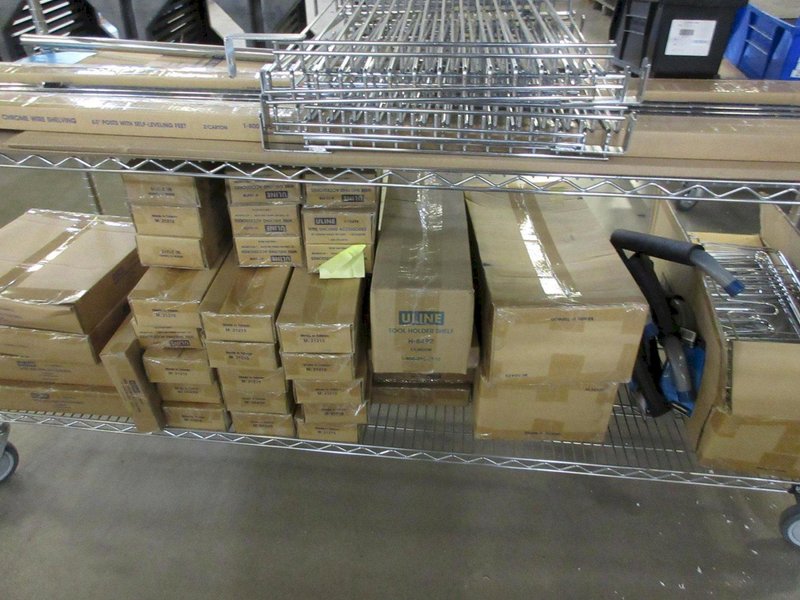 Uline Rolling Metal Wire Cart with Contents Including, Shelving Accessories, Anti-Fatigue Mats, Wall Storage Supplies and MORE!- Auction Item