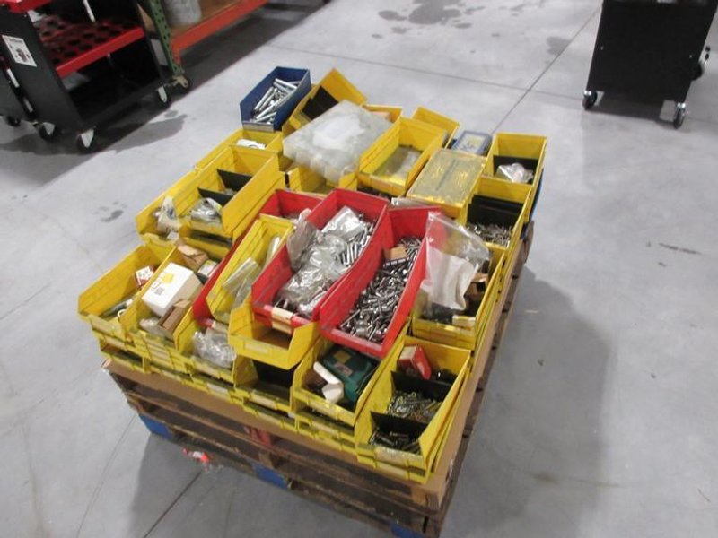 Hardware and Fasteners in Plastic Bins, Various Types, Nuts and Bolts, Screws, Plastic Plumbing Fittings, Threaded Rod, Set Screws- Auction Item