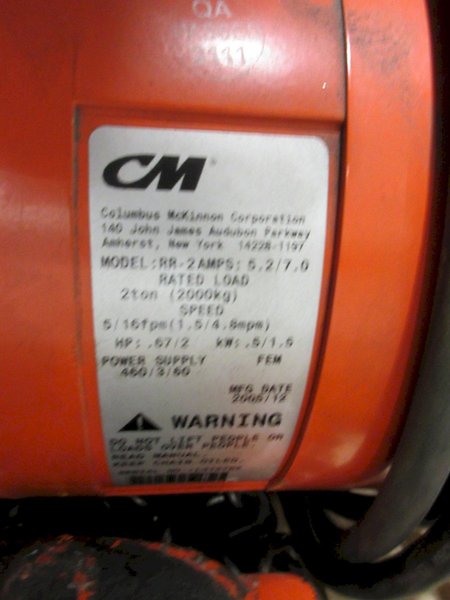 CM Lodestar RR-2 Electric Chain Hoist 2 Ton Capacity- Auction Item