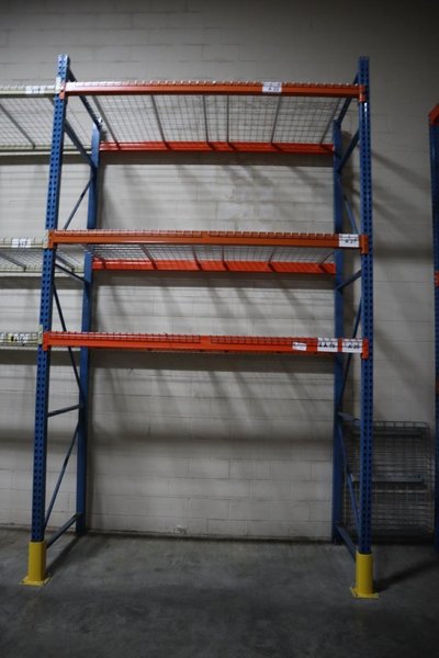 Pallet Racking, Teardrop Style (7) 14'x42" Uprights, (17) 8' Cross Members, Wire Decking, *No Contents*- Auction Item