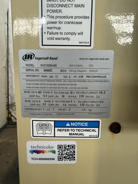 1,000 CFM INGERSOLL RAND NVC1000A400 REFRIGERATED COMPRESSED AIR DRYER. STOCK # 0888325