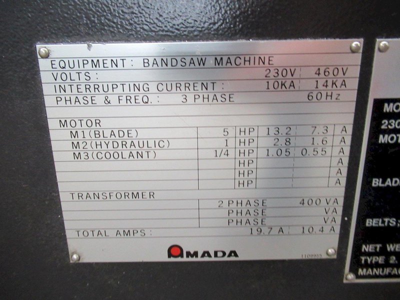 Amada HFA250W Programmable Automatic Horizontal Bandsaw, 10" Round Cap, 1" Blade, Vbl Speed, Chip Auger