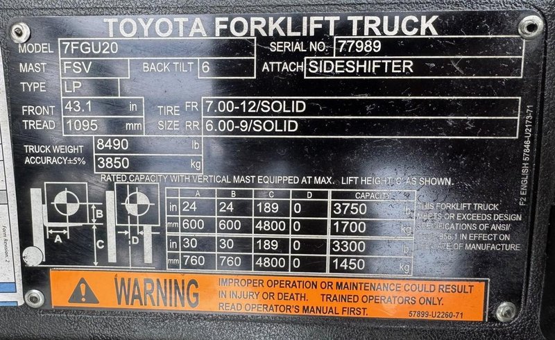 3750 Lb. Toyota Lift Truck, Pneumatic Tire, Triple Stage Mast, LP Gas, Side Shift