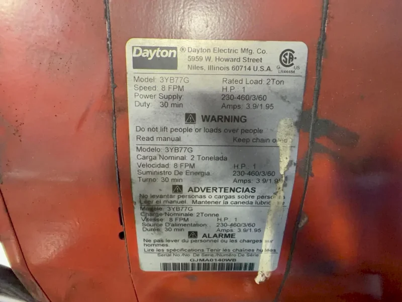 DAYTON 2 TON ELECTRIC HOIST   -  3YB77G