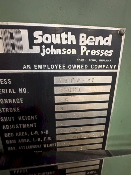 45 TON SOUTH BEND JOHNSON MODEL #45FW-AC OBI STAMPING PRESS 3” STROKE: YOBRO #24949