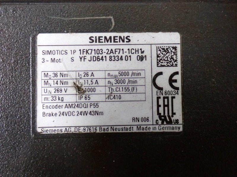 SIEMENS 5000 RPM SERVO MOTOR  -  1FK7103-2AF71-KH1