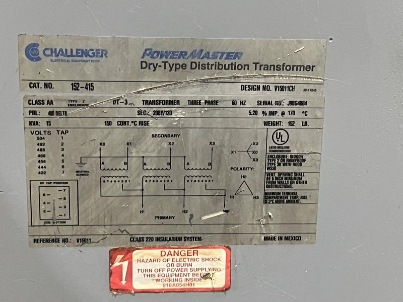15 KVA CHALLENGER 460D TO 208Y/120 TRANSFORMER: STOCK #18882