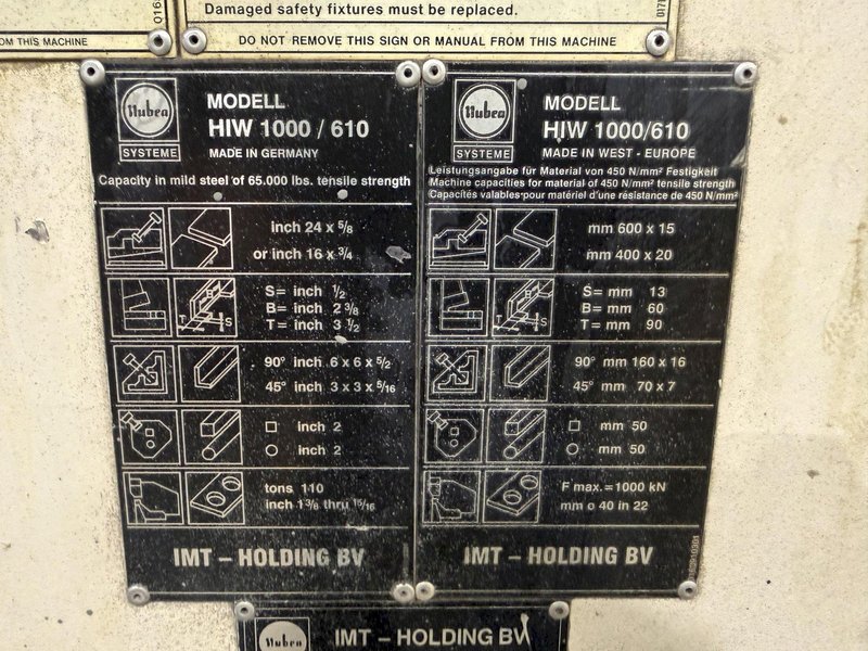 110 TON MUBEA MODEL #HIW 1000/610 HYDRAULIC IRONWORKER: YOBRO #25673