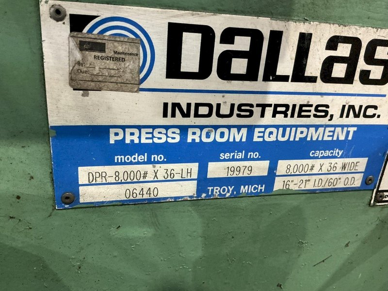 8,000 LB X 36" DALLAS DPR-8000-36 MOTORIZED UNCOILER. STOCK # 0218526