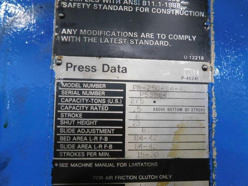 250 ton Niagara Straight Side Used Mechanical Metal Stamping Press Model# PN-250-84-42, Year 1991