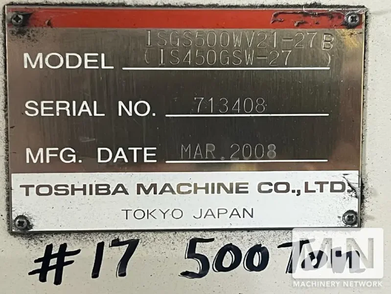 500 TON 63 OZ TOSHIBA MODEL ISGS500WV21-27B WIDE PLATEN INJECTION MOLDING MACHINE MFG 2008 LOW HOURS