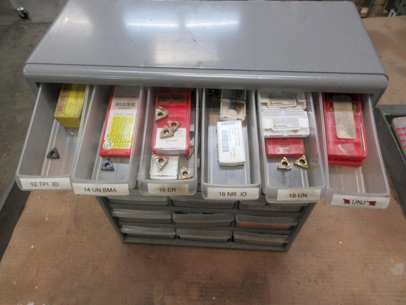 Carbide Lathe Turning Inserts, Many New, Lots of Types in Plastic Multi Bin Organizer- Auction Item