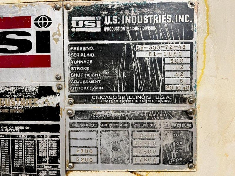 300 TON CLEARING S2-300-72-48 STRAIGHT SIDE PRESS. STOCK # 0522623