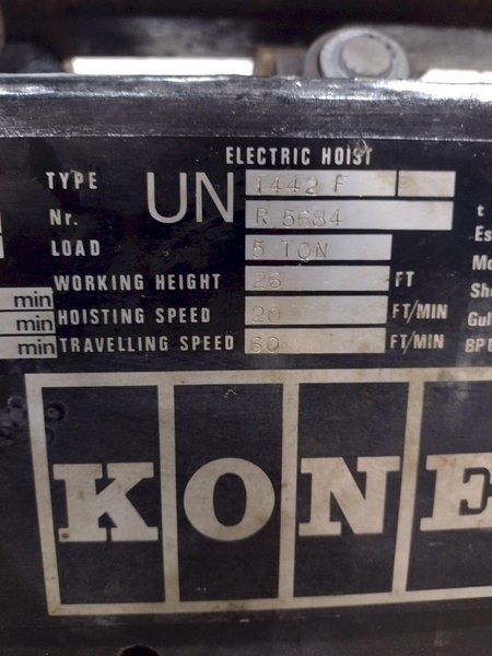 5 TON 10,000 LBS KONE MODEL #FEM 1AM POWER CABLE HOIST WITH TROLLEY: STOCK #18668