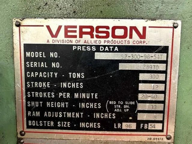 1990 - 300 ton Capacity VERSON S2-300-96-54t Straight Side Mechanical Press For Sale