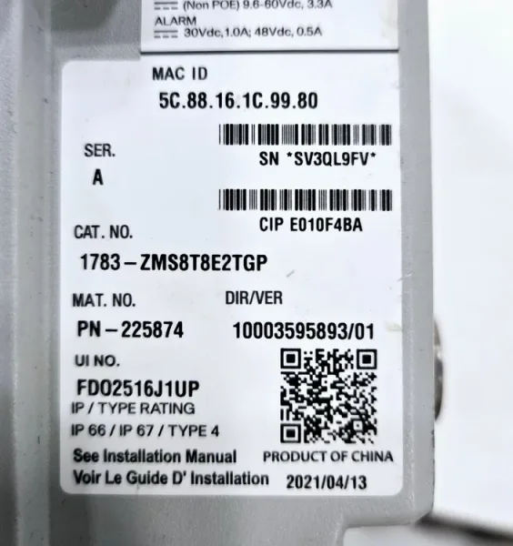 ALLEN BRADLEY 1783-ZMS8T8E2TGP ARMORSTRATIX ETHERNET SWITCH USED