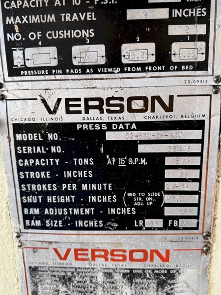 500 ton Verson S2-500-96-60T Straight Side Mechanical Stamping Press For Sale