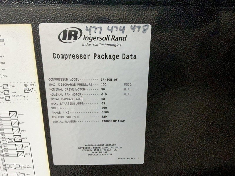 INGERSOLL RAND 150 PSIG AIR COMPRESSOR  -  IRN50H-0F