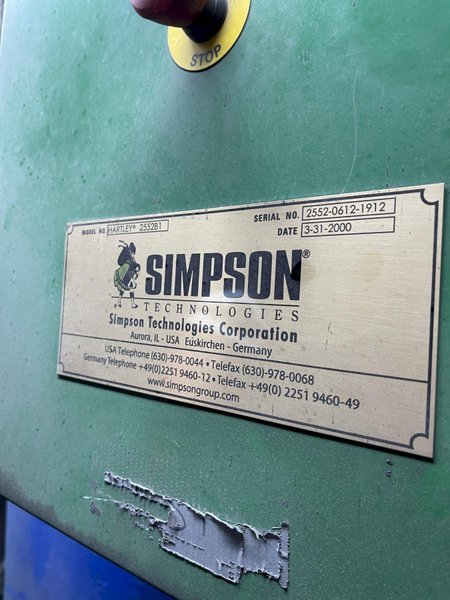 west 1965 B and P model 85b muller with dust hood, batch hopper, cooling system, upgraded to 100b gearbox , 125 hp motor, s/n 85b-101-6506
2020 west Simpson Hartley compactability system with model 2552 test unit, controls model 2552b1 s/n 2552b1-0611-1912, remote readout, bond feed transporter model 90mk2-5, available date 5/1/2025