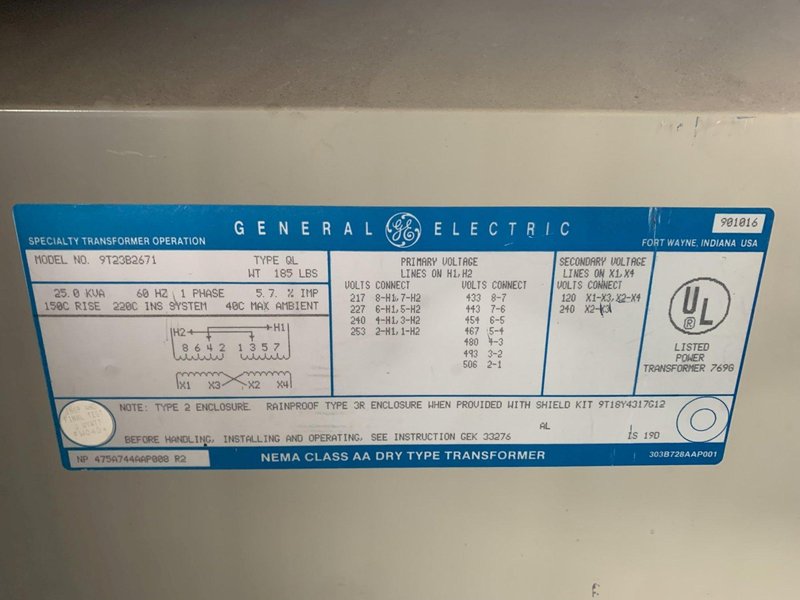GE 25 KVA 185 LB TRANSFORMER. STOCK # 0639623.
