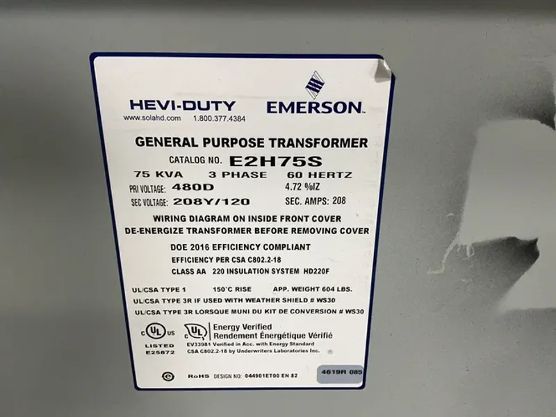 EMERSON 75 KVA HEVI-DUTY GENERAL PURPOSE TRANSFROMER  -  E2H75S