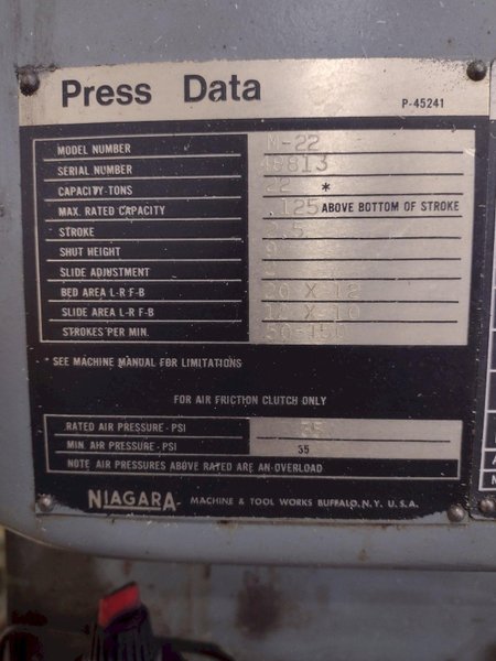 22 TON NIAGARA MODEL M22 OBI PUNCH PRESS, 2.5&quot; STROKE: STOCK #20729