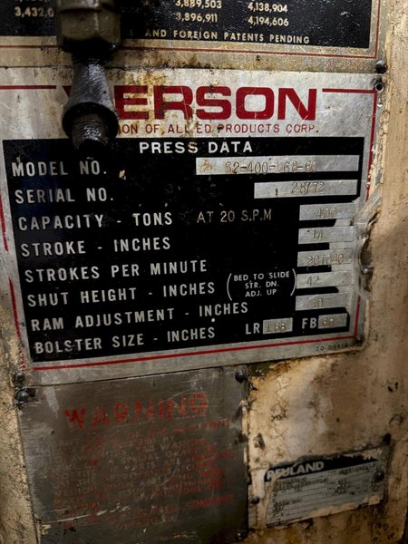 400 TON VERSON #S2-400-168-60, SSDC PRESS, w/MINSTER FEED LINE