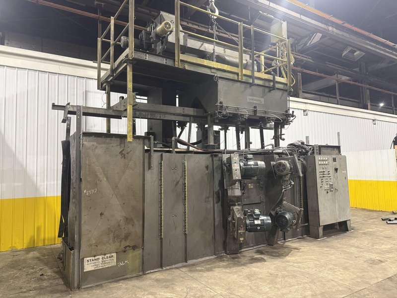 36" x 48" x 8 WHEEL PANGBORN ROTOBLAST PASS THROUGH HANGING CONVEYOR SHOT BLAST MACHINE: YOBRO #24717