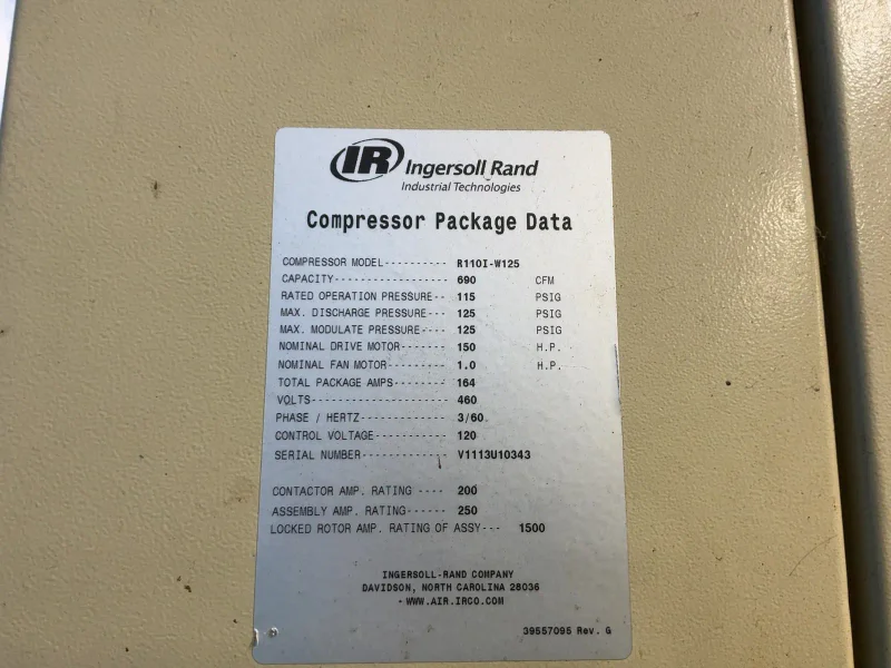 INGERSOLL RAND 150 HP AIR COMPRESSOR  -  R110I-W125