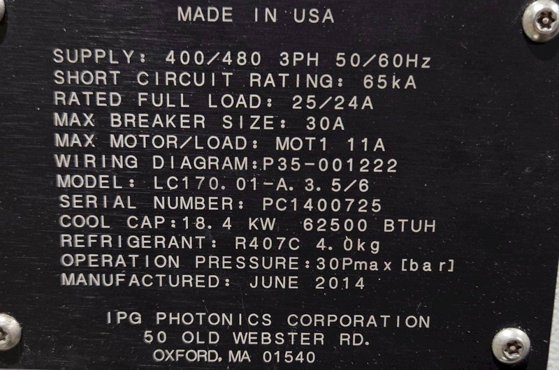 IPG PHOTONICS LC170.01-A. 3. 5/6 Laser Chiller 400/480V, 3PH USED