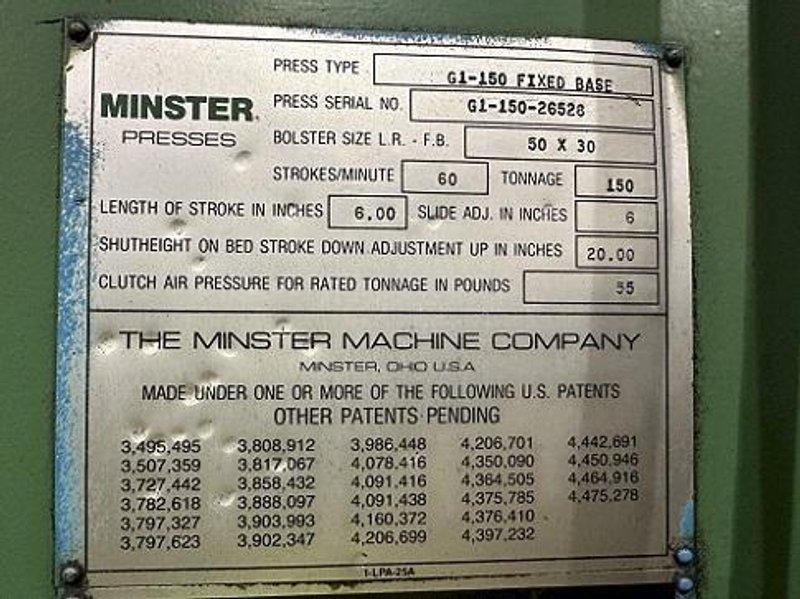 150 TON MINSTER MODEL #G1-150 OBS GAP FRAME PRESS