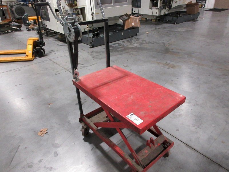 Scissor Lift Rolling Die Cart 38" x 20" Platform, Repaired Handle and Boat Winch Lift System- Auction Item